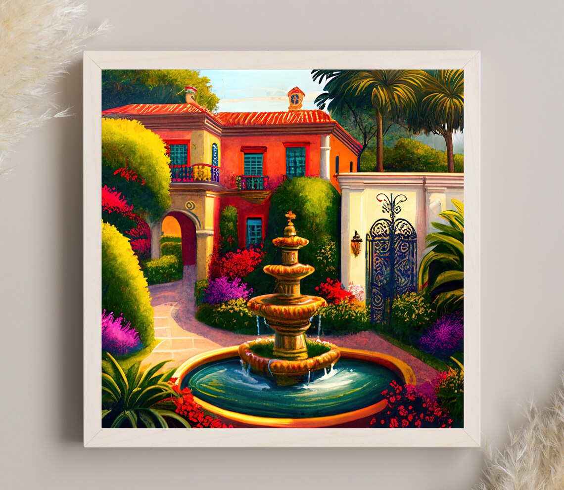 Mexican Red Hacienda Tiered Fountain Lush Garden Colonial Art Poster - Image 4