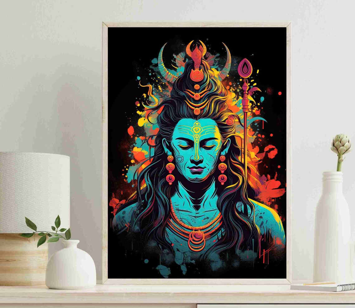 Shiva With Trident Neon Pop Art Cosmic Blue Night Portrait Poster