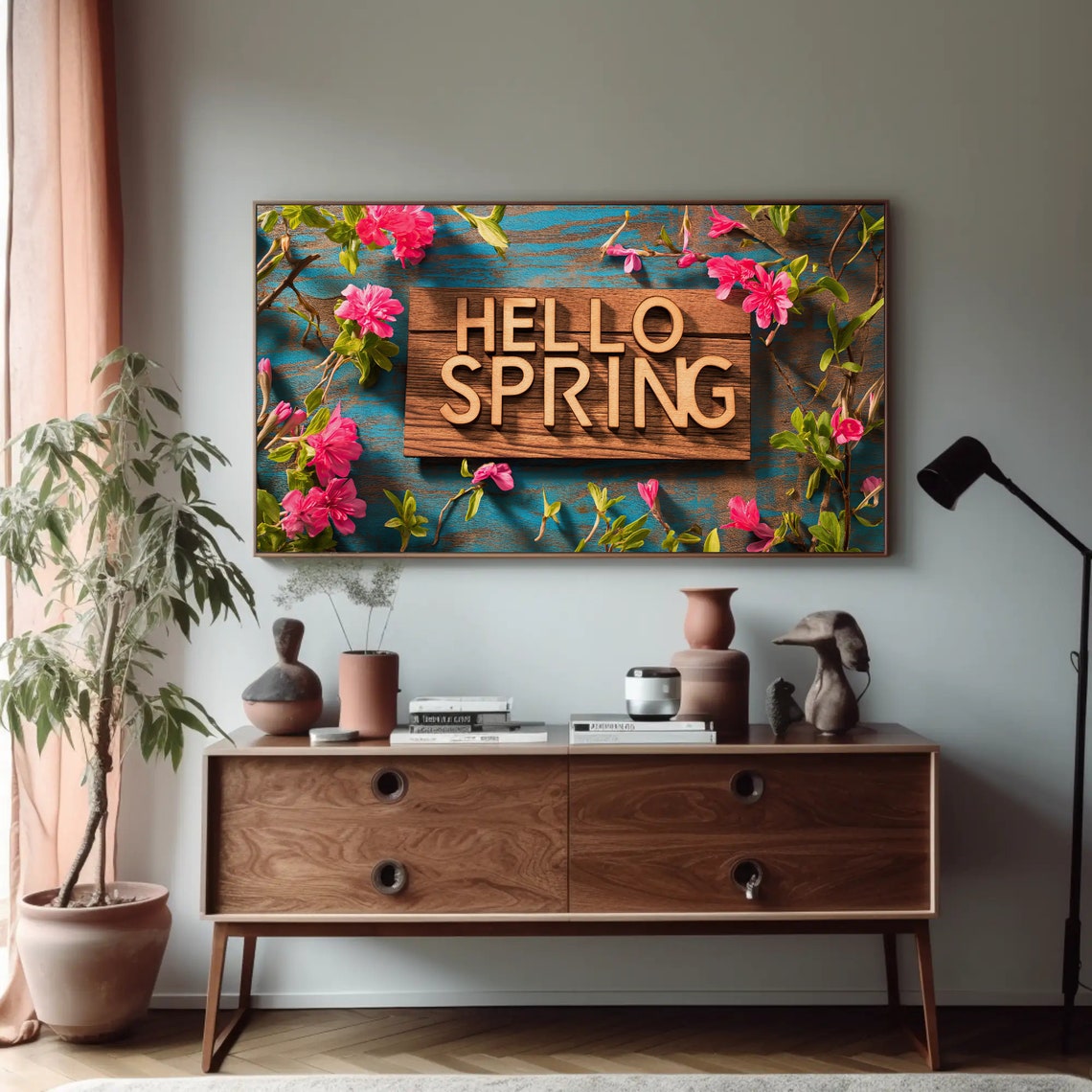 Hello Spring Wooden Sign Teal Planks Pink Blossom Decor Poster - Image 5