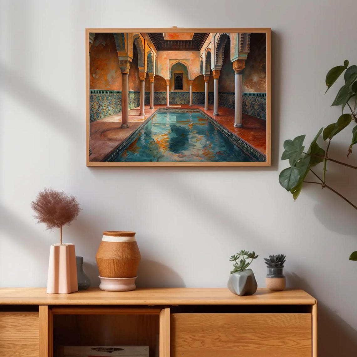 Moroccan Courtyard with Horseshoe Arches and Turquoise Pool Poster - Image 3
