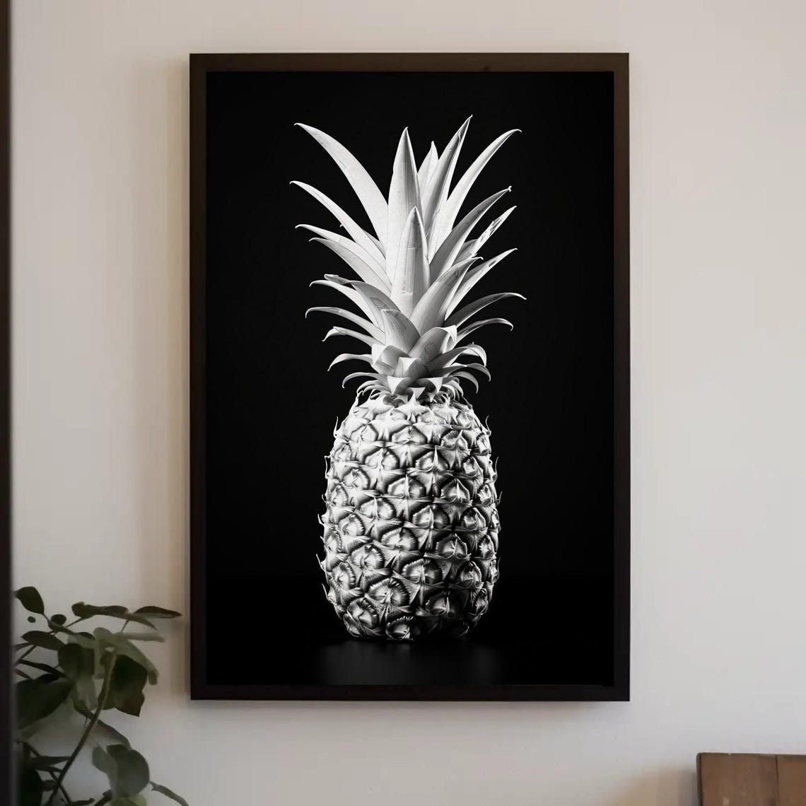 Black and White Pineapple Still Life on Dark Background Print