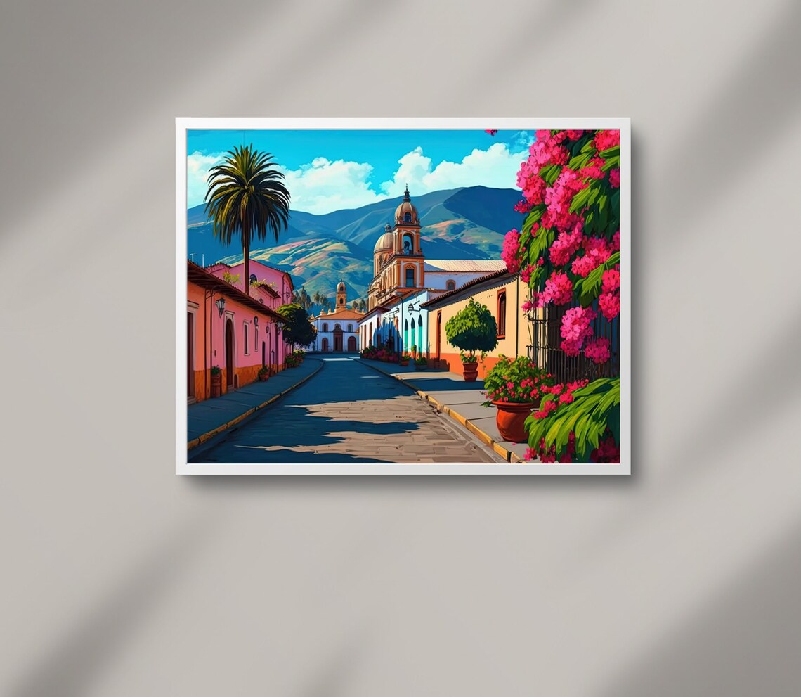 Mexican Colonial Town Street Church Mountain View Art Poster - Image 3