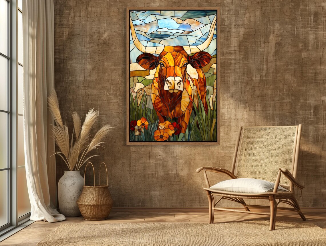 Texas Longhorn In Glowing Stained Glass Western Cattle Poster - Image 3