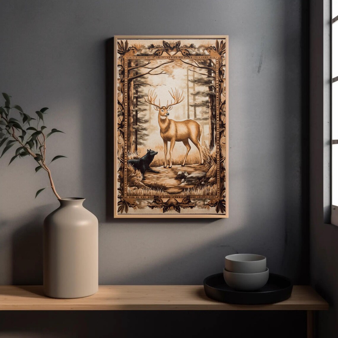 Sepia Stag And Black Wolf In Forest Vintage Engraving Poster - Image 5