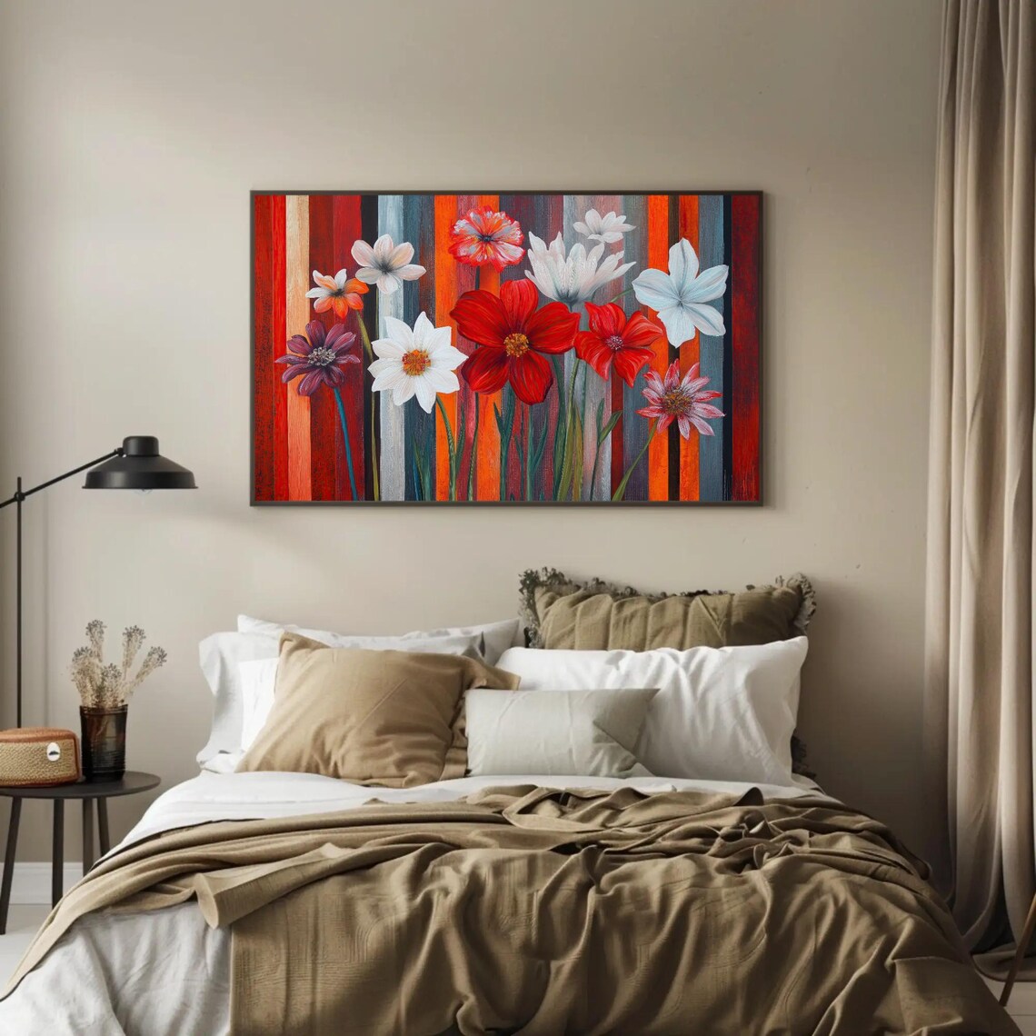 Red White And Orange Flowers On Striped Modern Floral Poster - Image 2