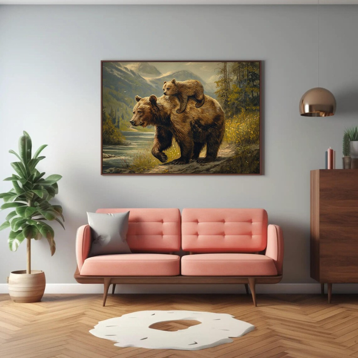 Mama Bear Cub Riding Piggyback River Wildlife Painting Poster - Image 2