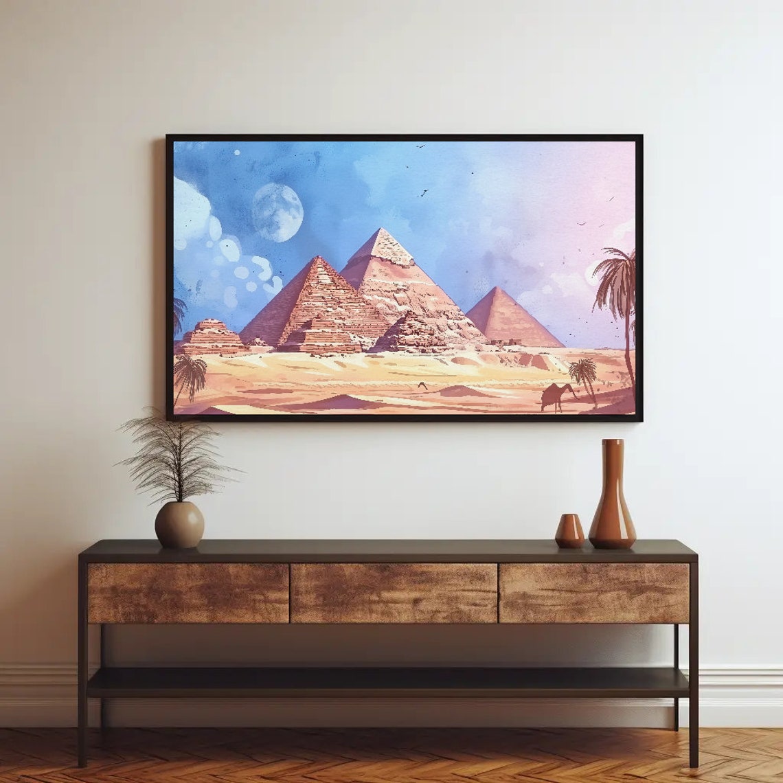 Giza Pyramids Full Moonlit Blue Sky Watercolor Desert Travel Poster