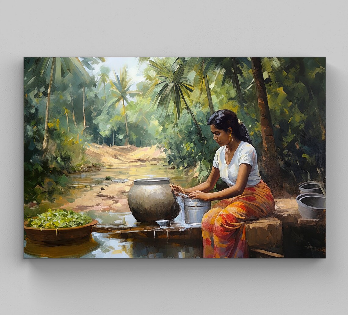 South Indian Woman Washing Utensils At A River South Indian Print South Indian Painting South Indian Home Decor South Indian Wall Art