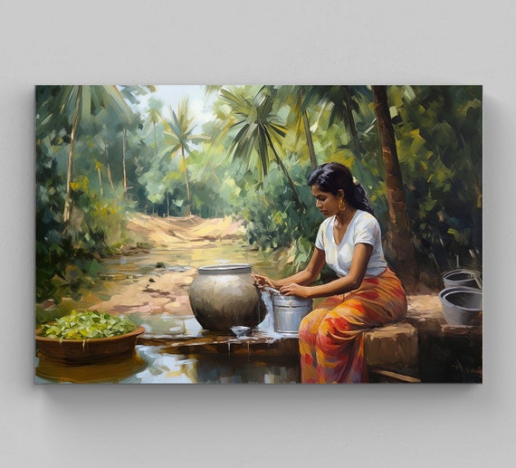 South Indian Woman Washing Utensils At A River South Indian Print South Indian Painting South Indian Home Decor South Indian Wall Art