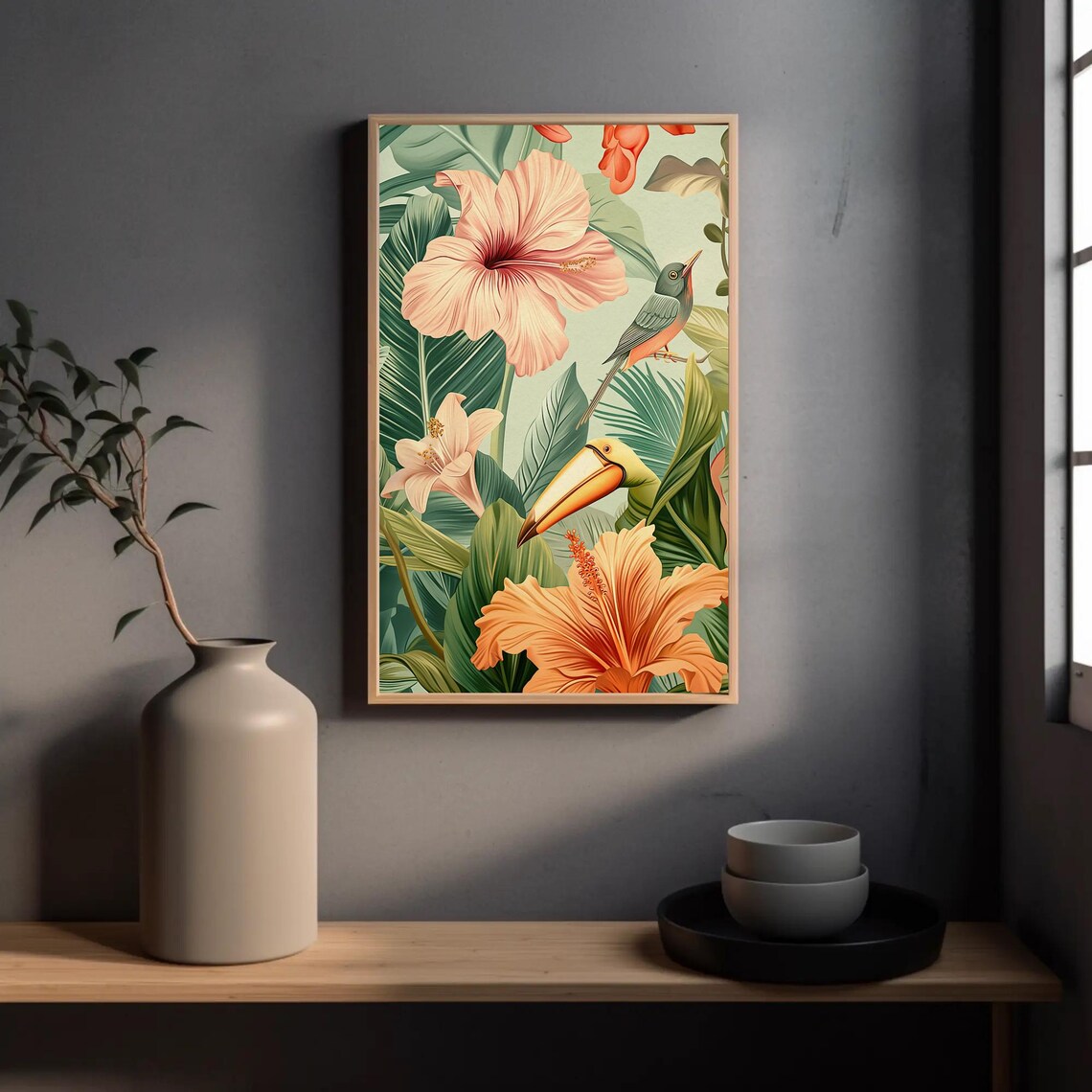 Tropical Hibiscus And Toucan In Lush Green Jungle Leaves Poster - Image 4
