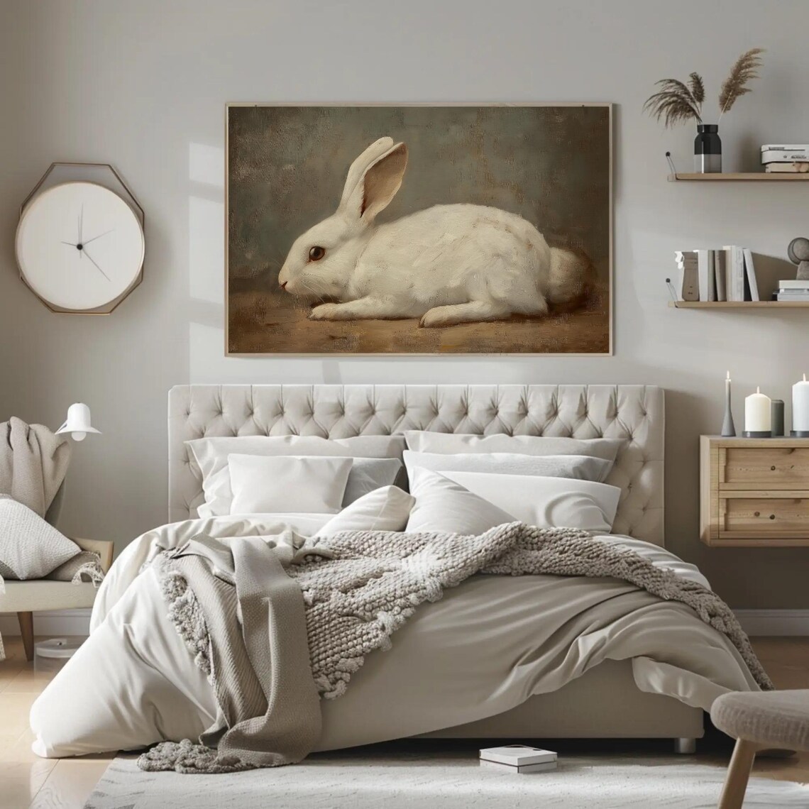 White Bunny Resting in a Muted Vintage Oil Painting Style Poster - Image 2