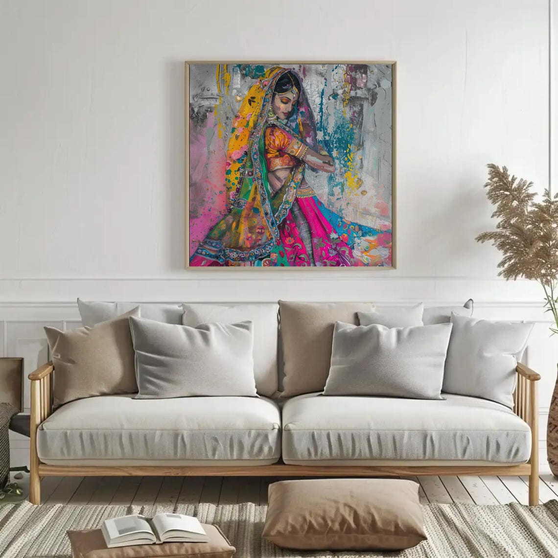 Traditional Indian Woman In Colorful Saree Abstract Square Vibrant South Asian Wall Art Indian Painting For Living Room Bedroom - Image 4