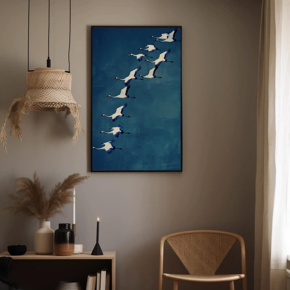White Cranes Flying in Formation Over Deep Blue Night Sky Poster - Image 2