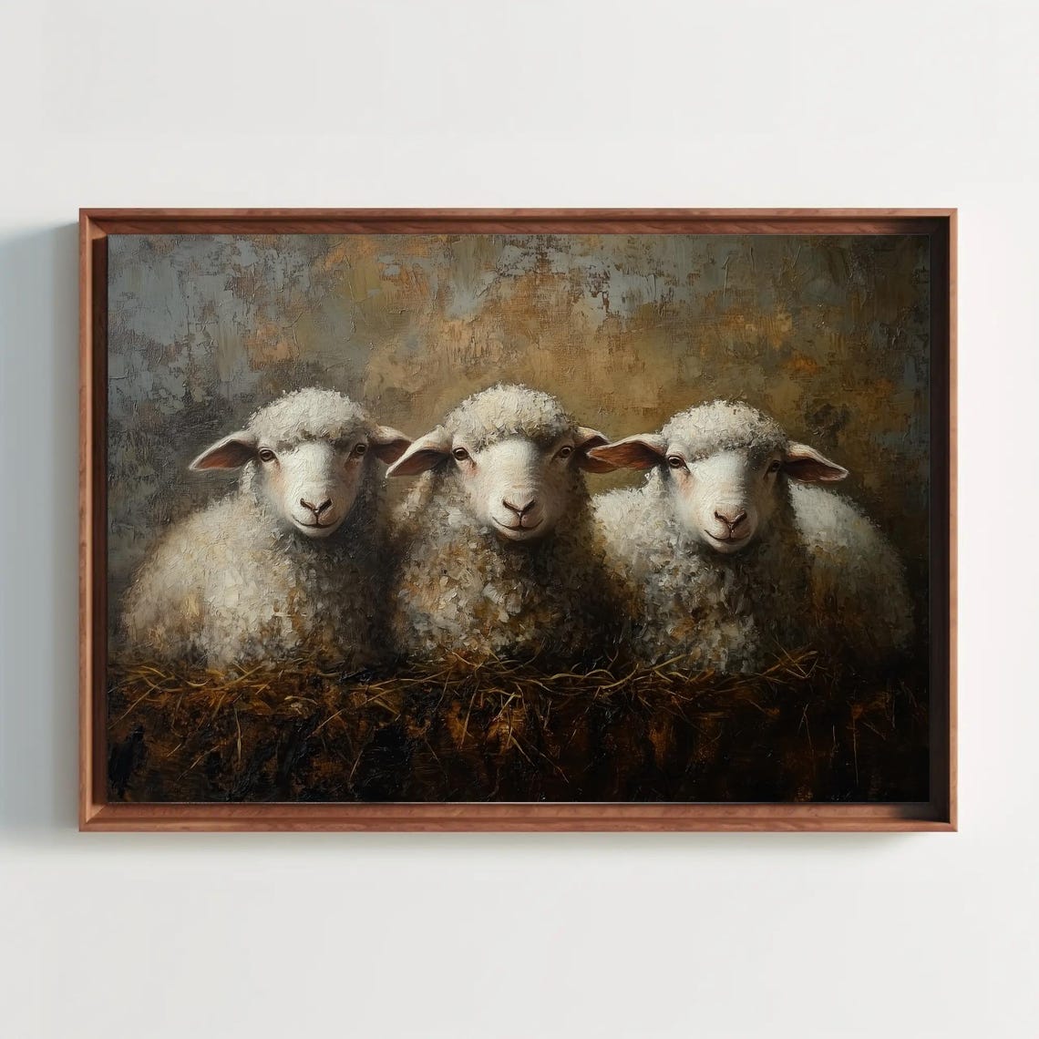 Three Sheep in Straw Against a Warm Brown Oil Background Poster