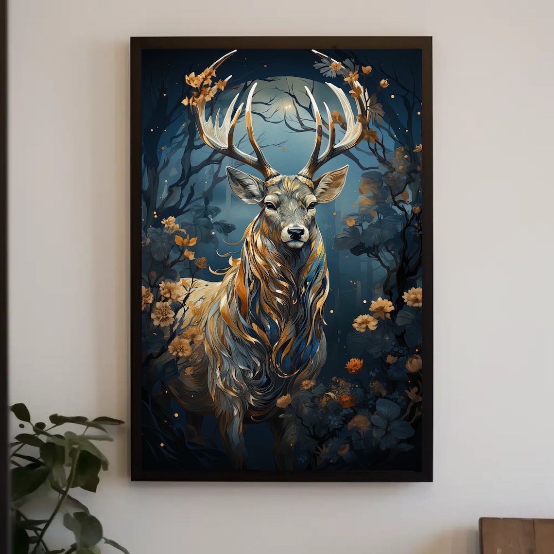 Golden Stag In Moonlit Forest Night Wildlife Fantasy Art Poster