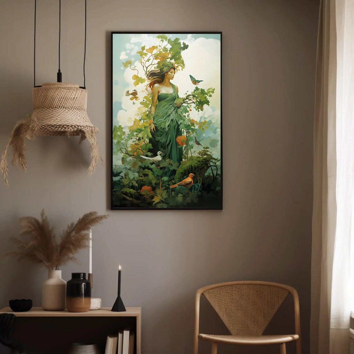 Forest Nymph in Flowing Green Gown Among Vines and Songbirds Poster - Image 5