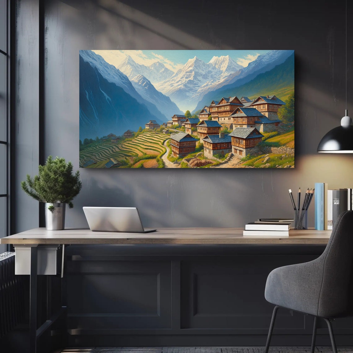 Himalayan Mountain Village Terraced Fields Snow Peaks Painting Poster - Image 2