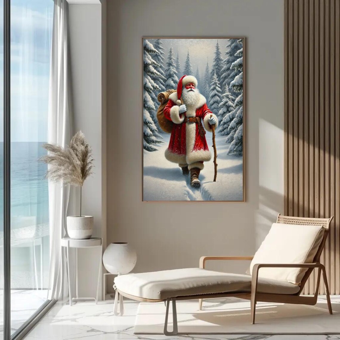 Santa Claus Hiking Through A Snowy Forest Winter Trail Poster - Image 4