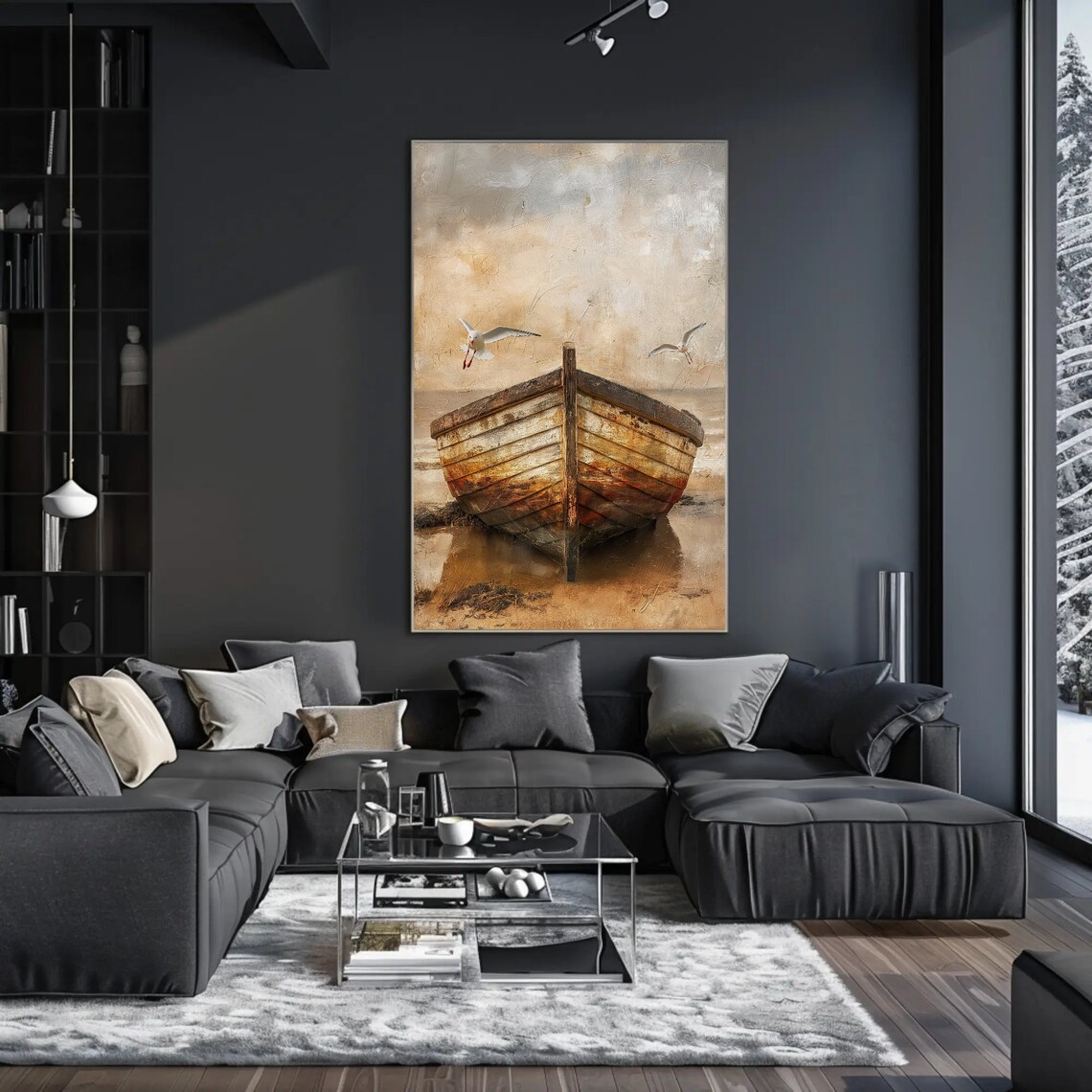 Weathered Wooden Rowboat on the Beach Seagulls Coastal Art Poster - Image 5