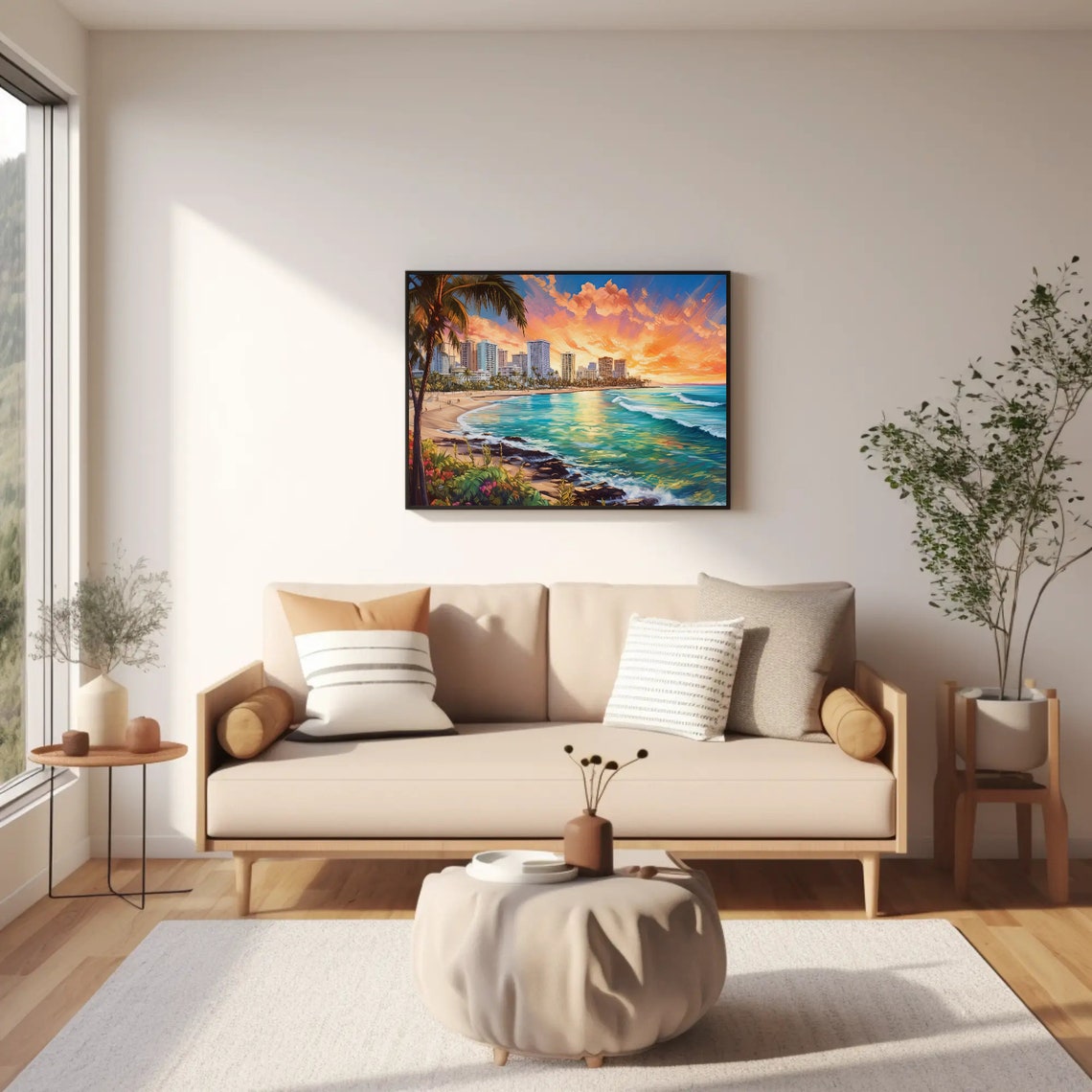 Honolulu Rocky Shore Sunset With Palm Trees and Flowers Poster - Image 3