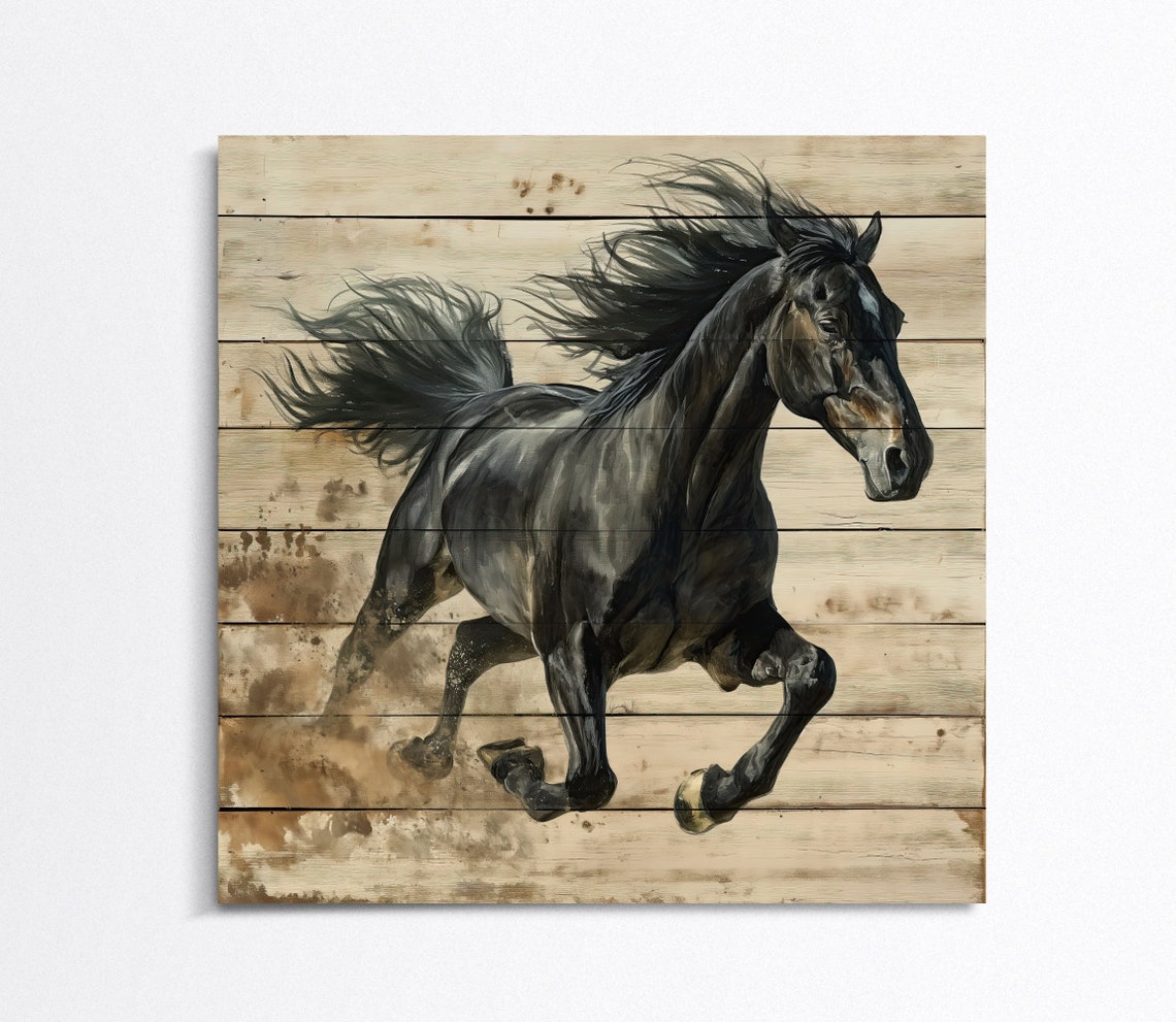 Galloping Black Stallion Horse Rustic Wood Panel Wall Poster