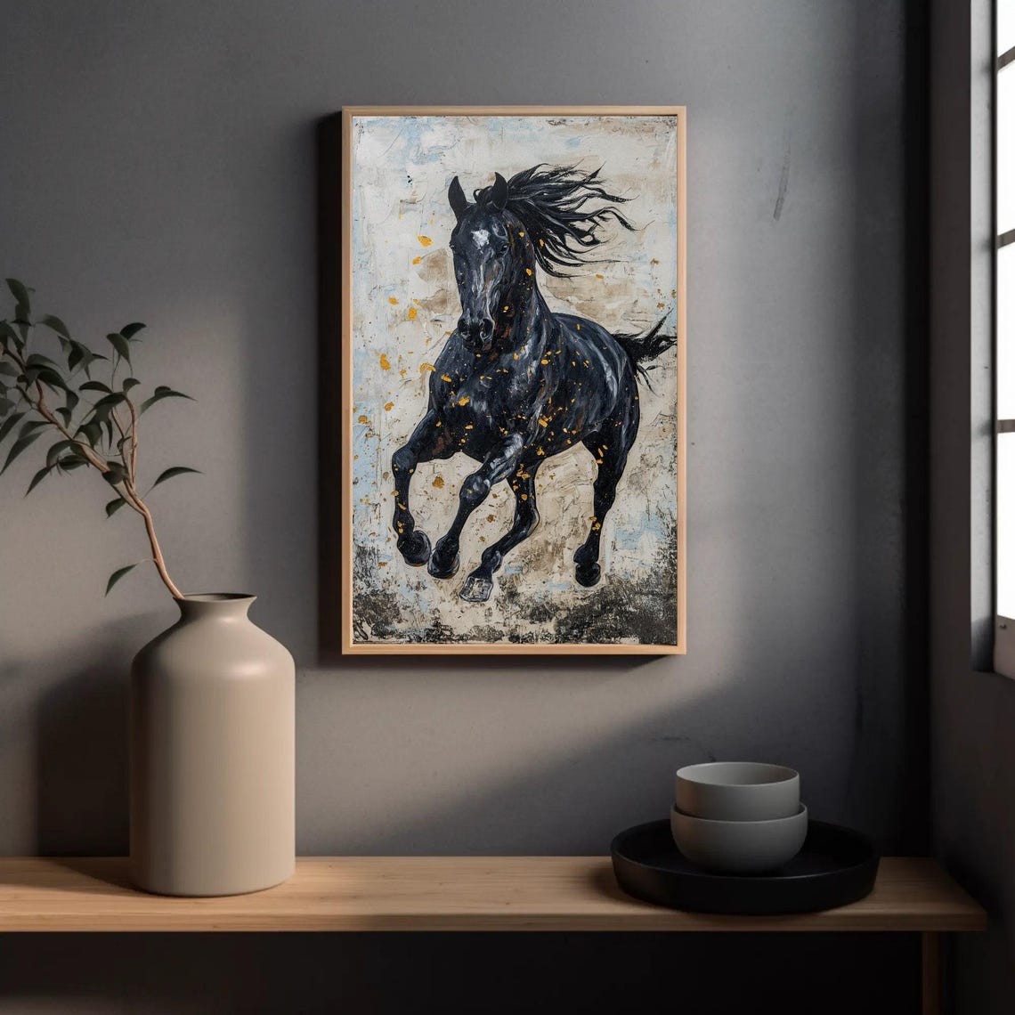 Black Stallion Galloping With Gold Flecks Abstract Horse Art Poster - Image 2