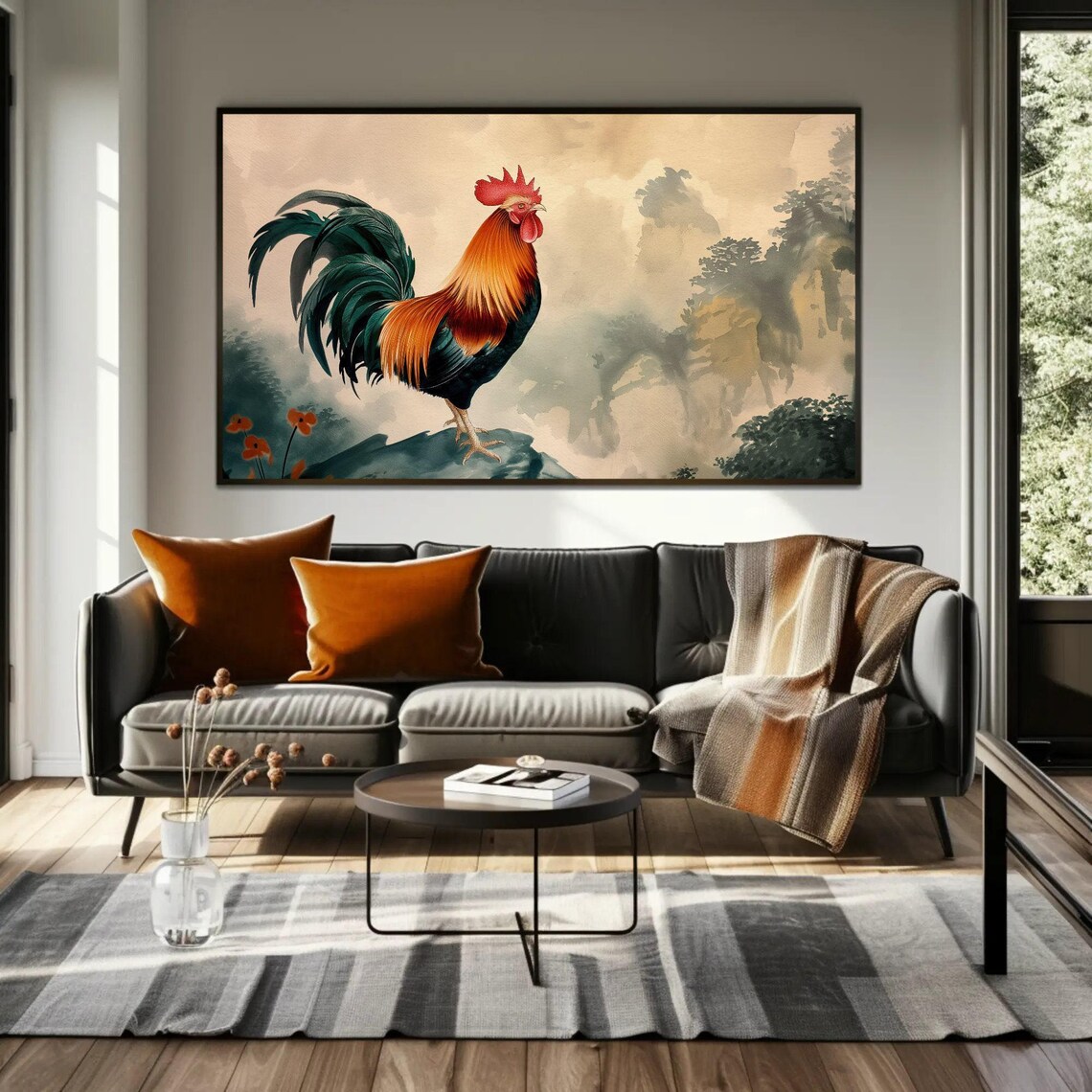 Vibrant Rooster Standing On Rock Asian Watercolor Bird Art Poster - Image 2