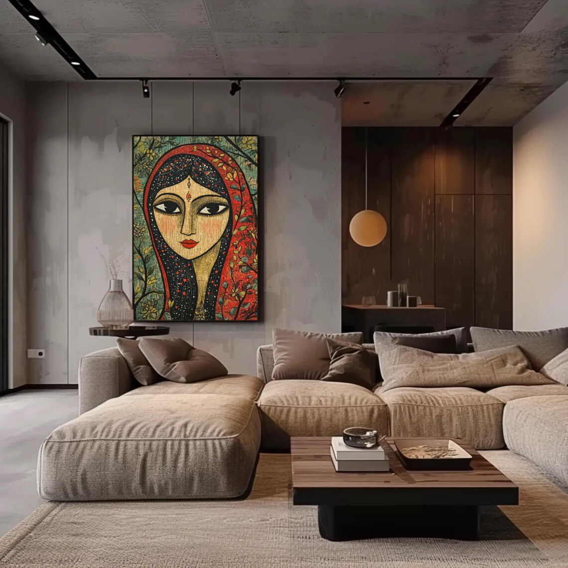 Madhubani Inspired Indian Woman Portrait With Red Dupatta Poster - Image 3