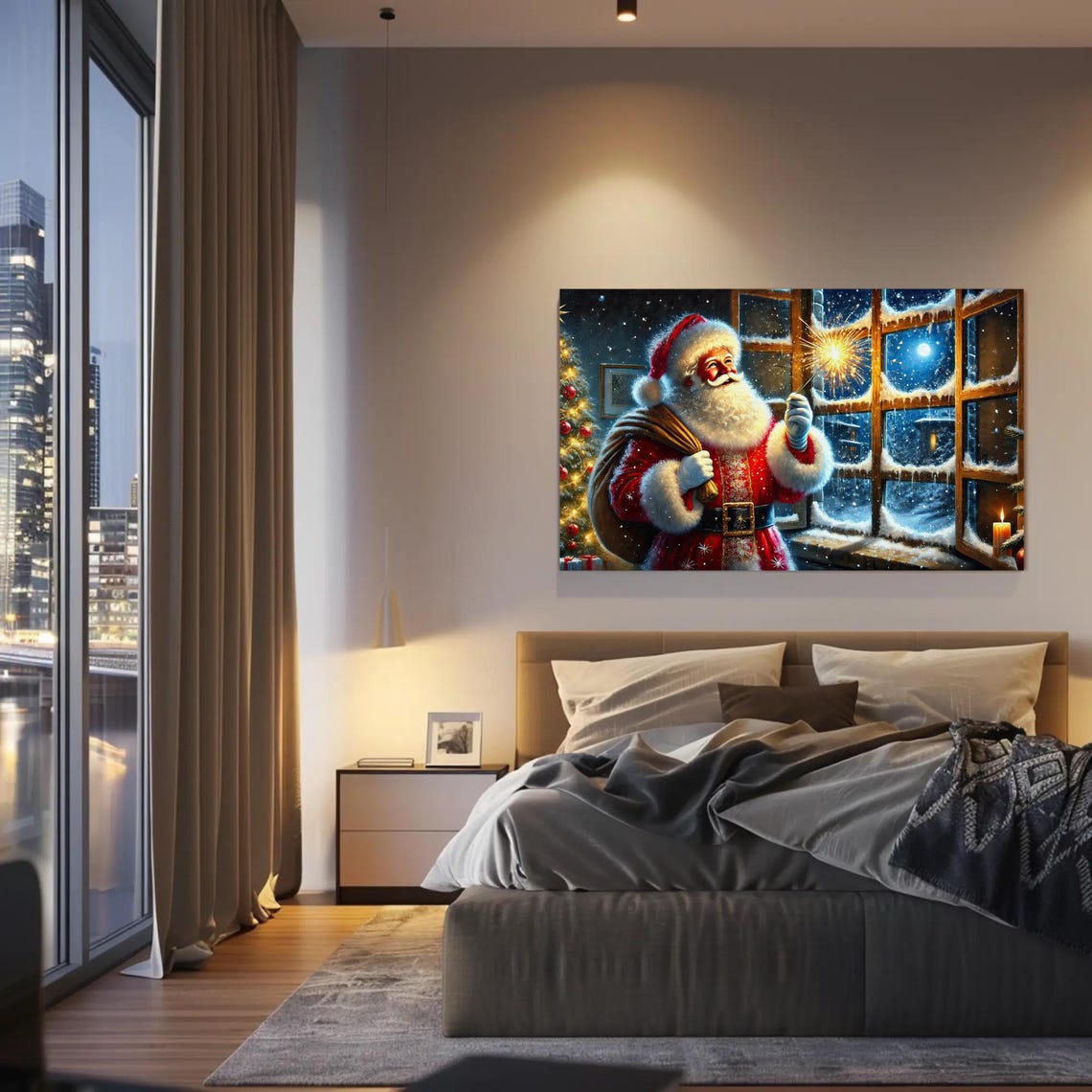 Santa Claus Holding A Sparkler By A Snowy Night Window Poster - Image 2