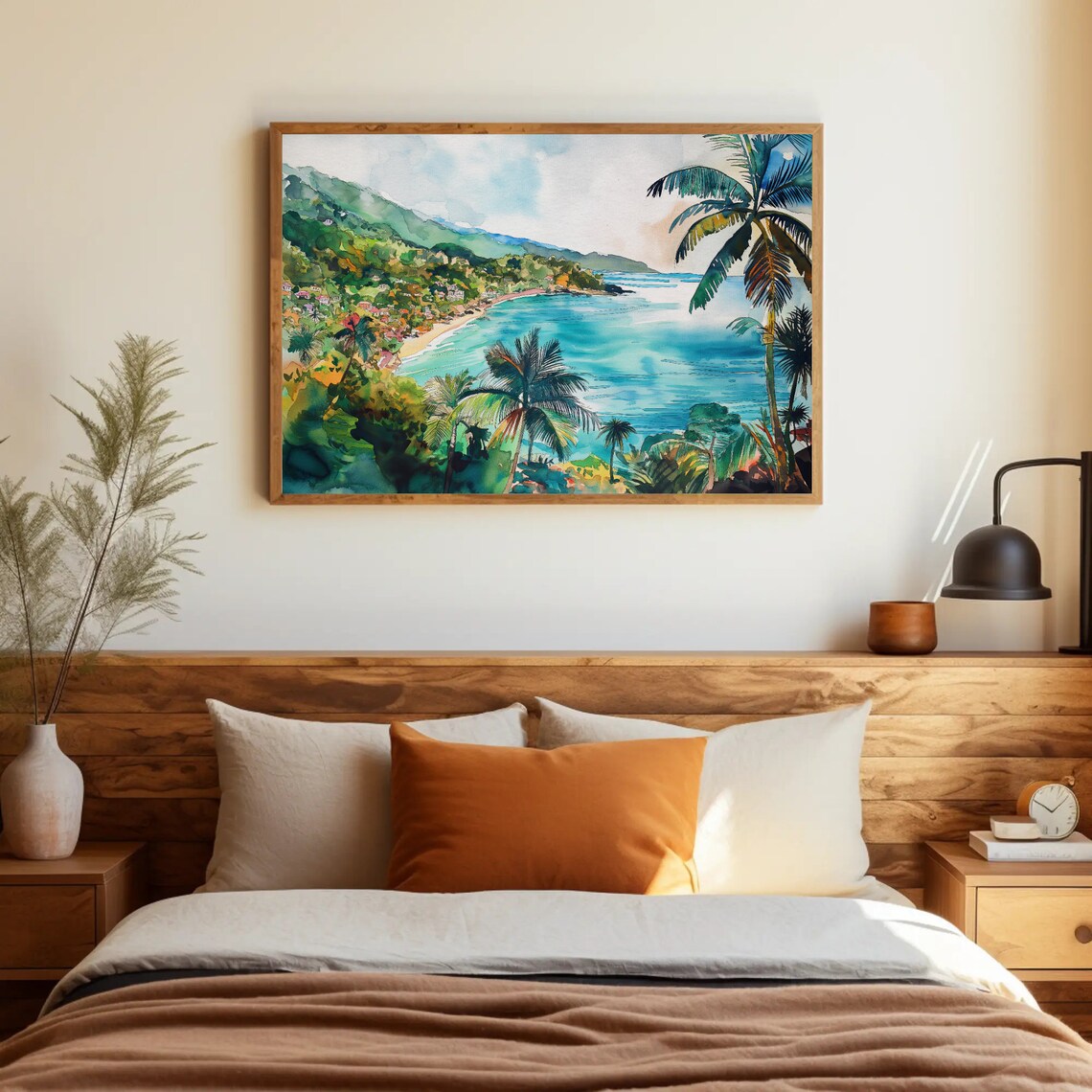 Palm-Fringed Tropical Bay Turquoise Blue Water Watercolor Poster - Image 4