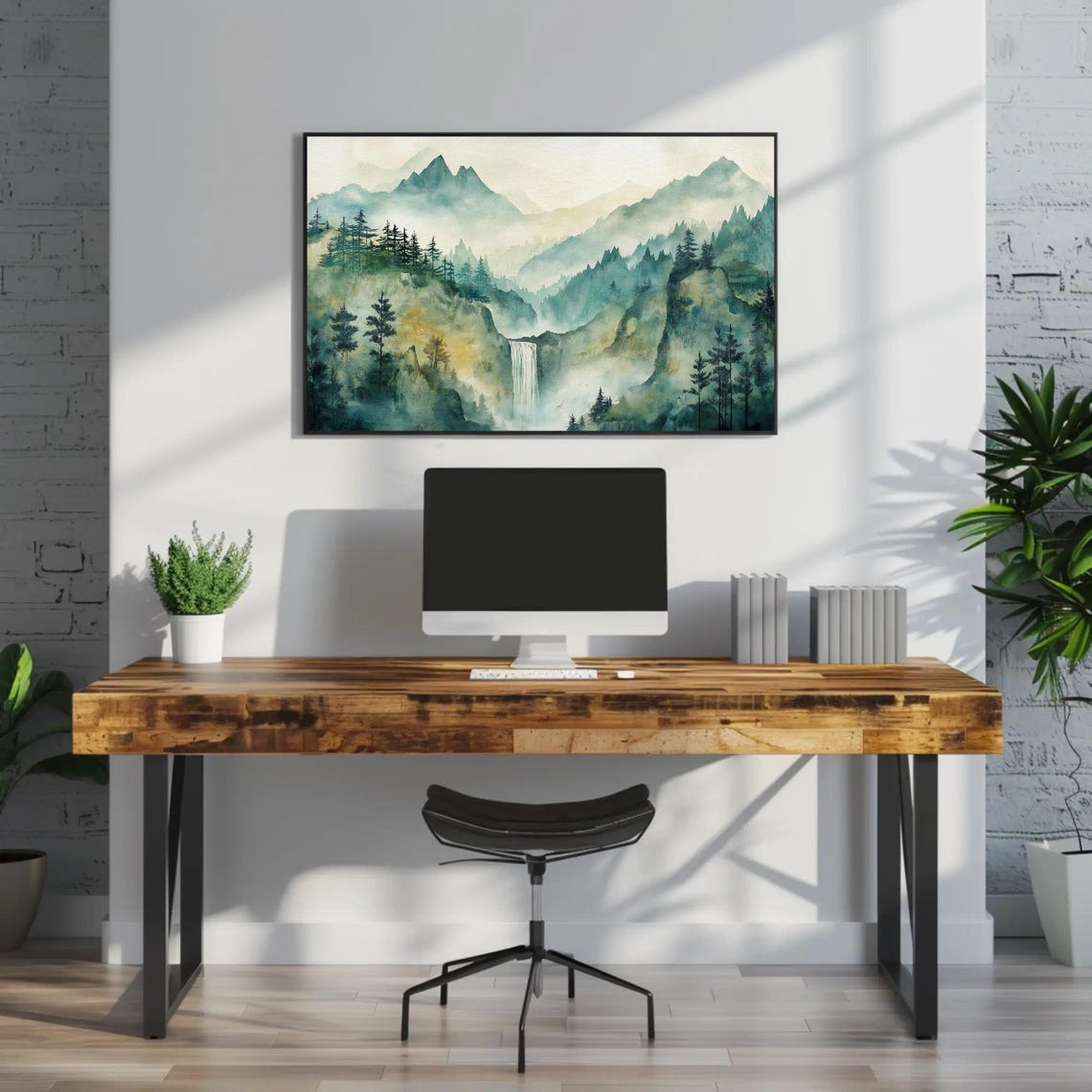 Misty Chinese Mountain Landscape with Waterfall Watercolor Poster - Image 3