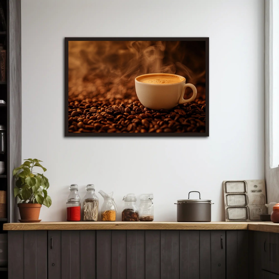 Steaming Hot Espresso Cup Resting On Roasted Coffee Beans Print - Image 2