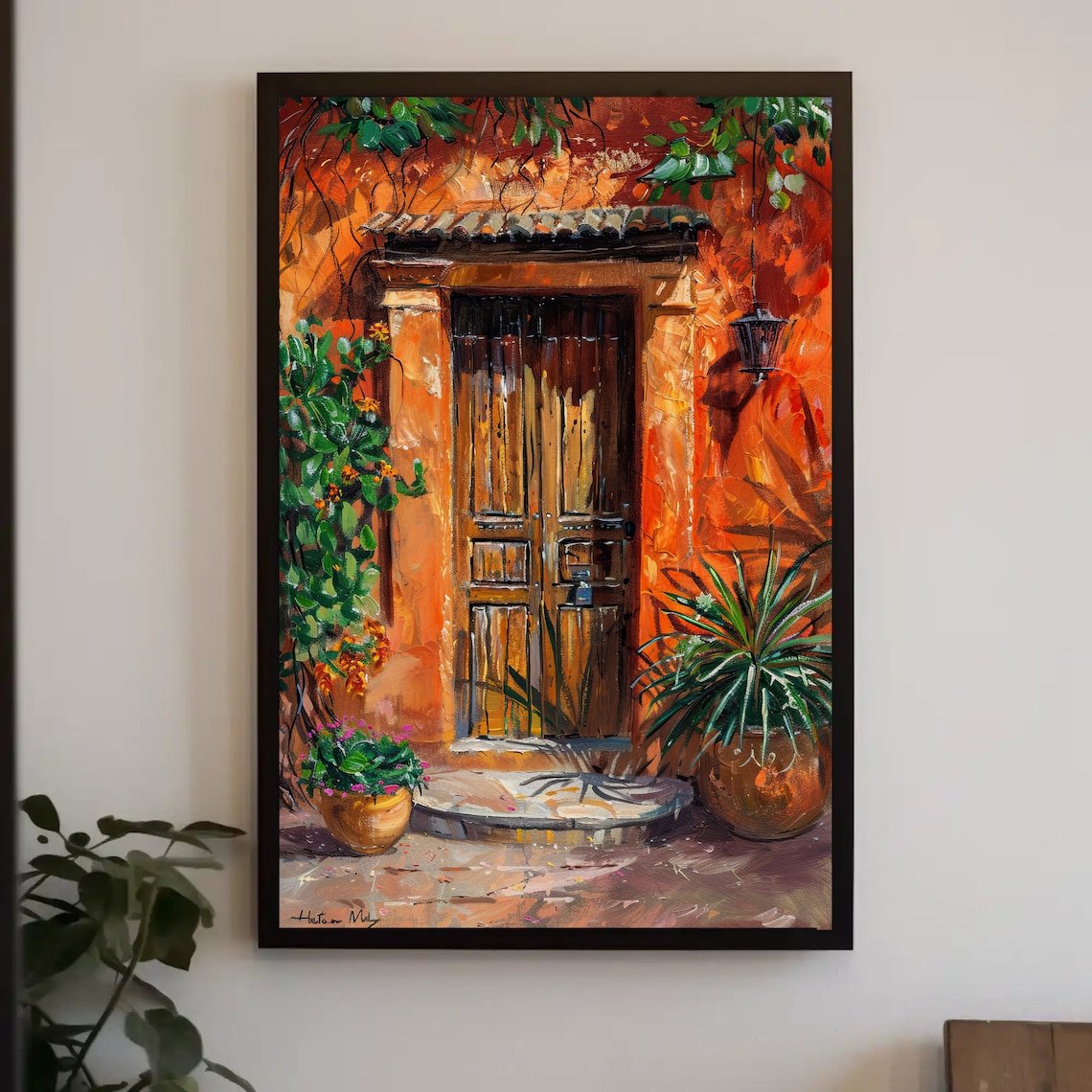 Rustic Mexican Wooden Door On Orange Adobe Wall Oil Painting Poster