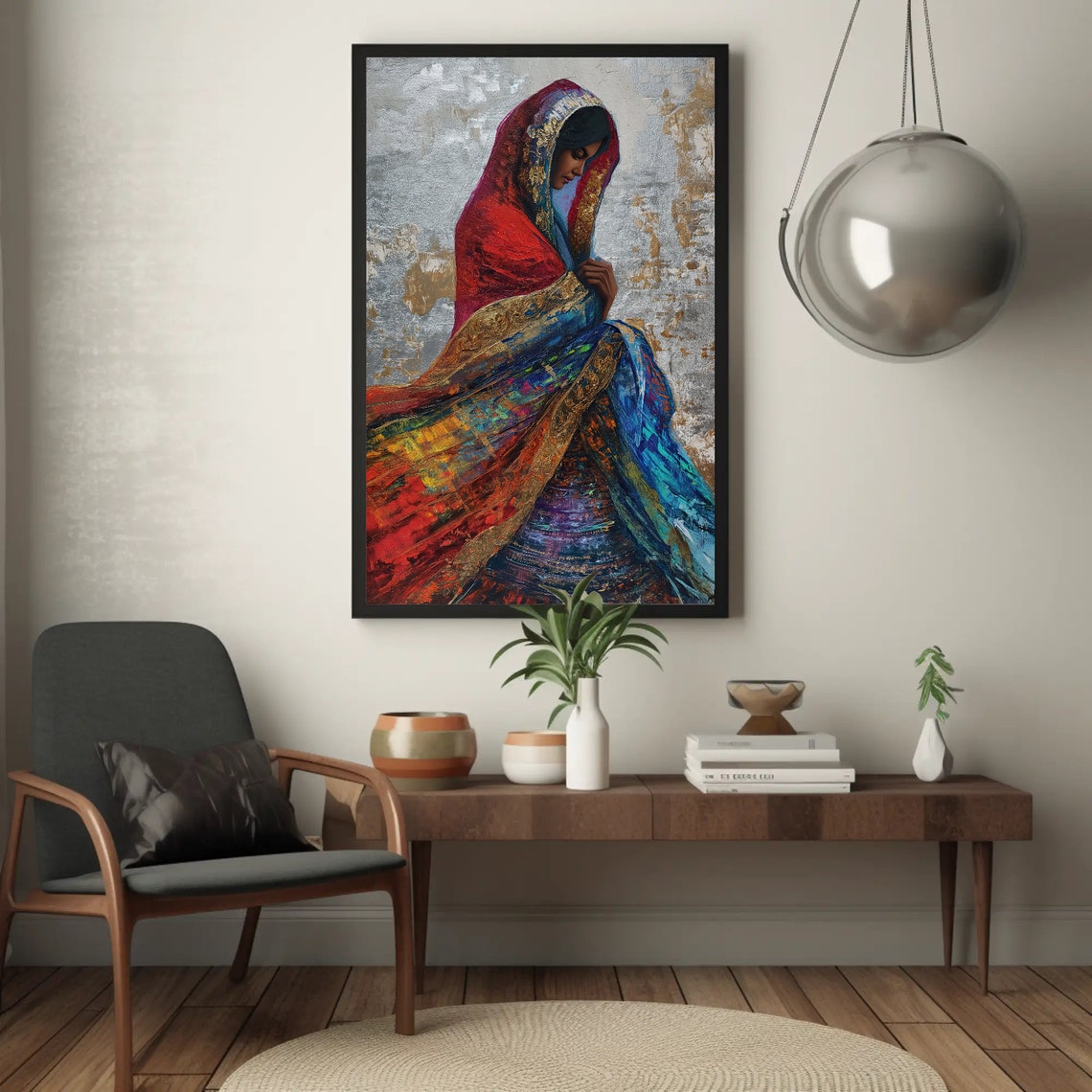 Indian Woman in Red Sari Impasto Painting Ethnic Wall Poster - Image 2