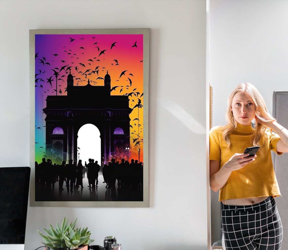 Gateway of India Silhouette Under a Rainbow Sunset Sky Poster - Image 3