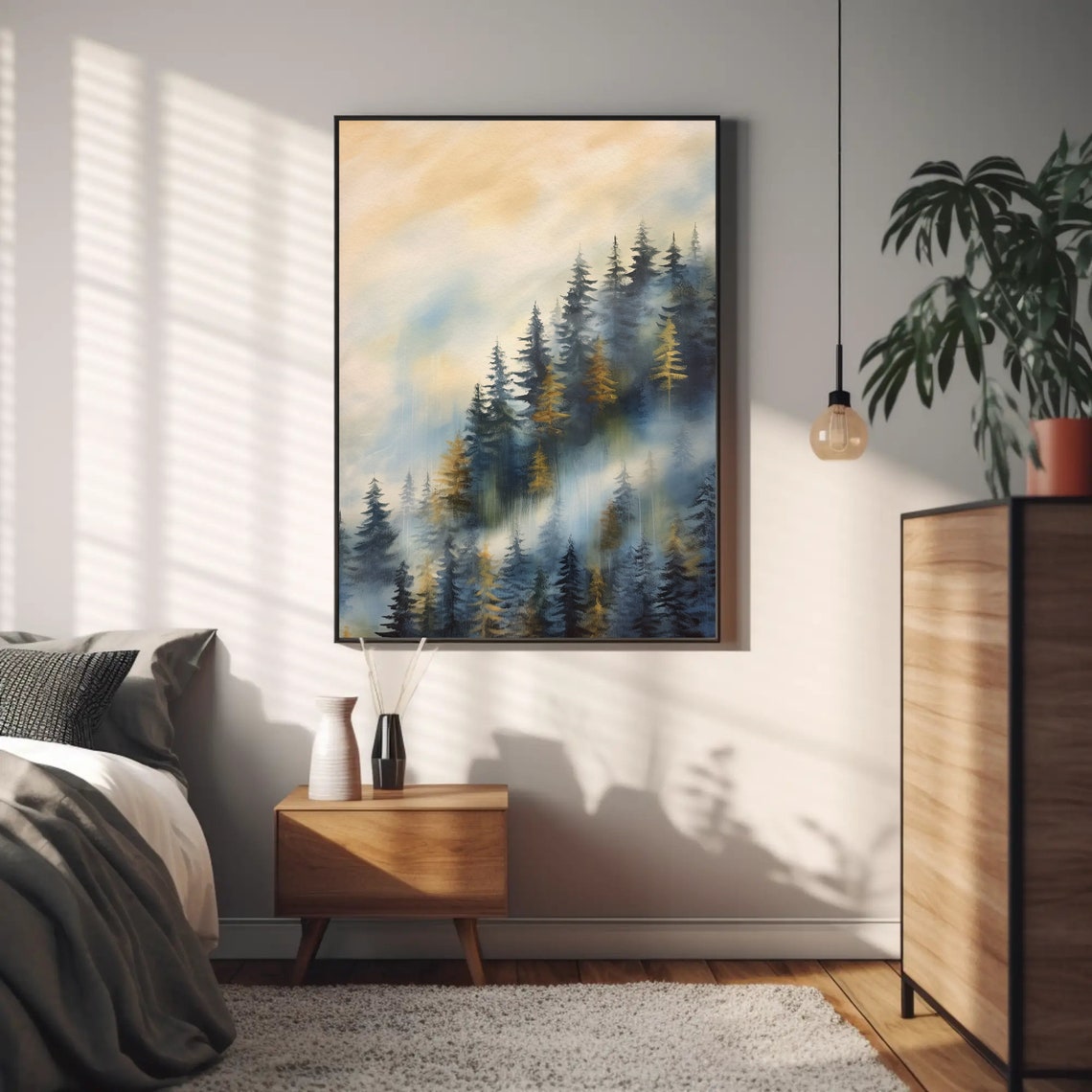 Misty Blue Pine Forest Mountain Fog Modern Abstract Art Poster - Image 4