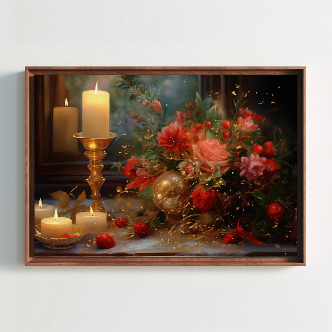 Christmas Candle and Red Rose Bouquet Festive Still Life Poster