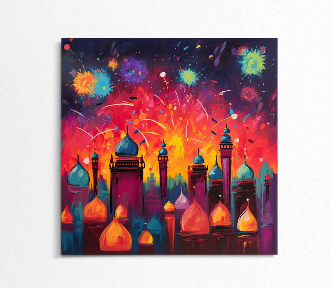 Diwali Fireworks Over Indian City Abstract Festival Decor Print - Image 4