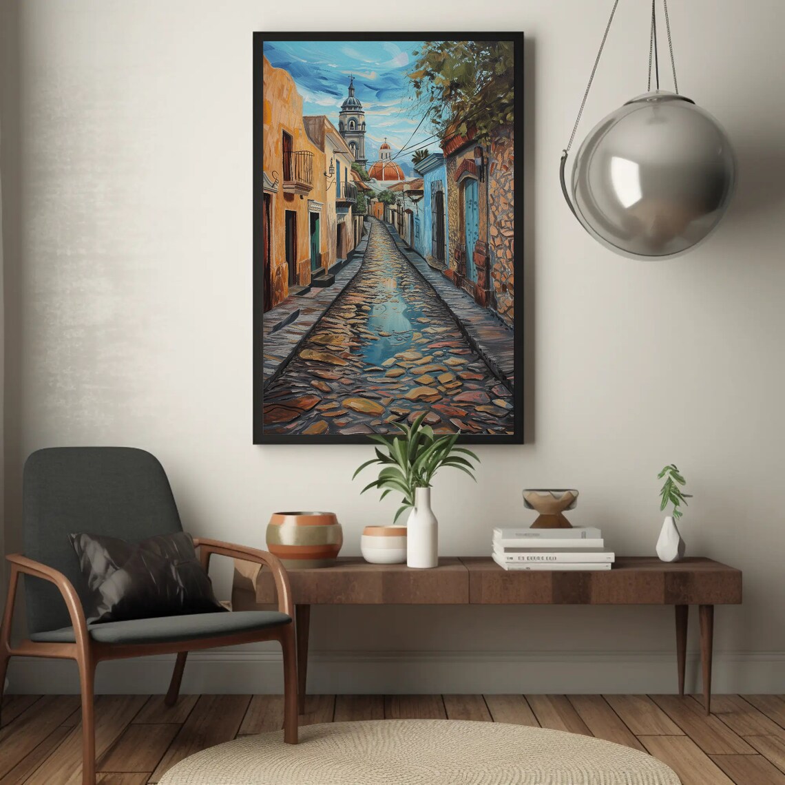 Old Mexican Cobblestone Street Church Watercolor Travel Poster - Image 4