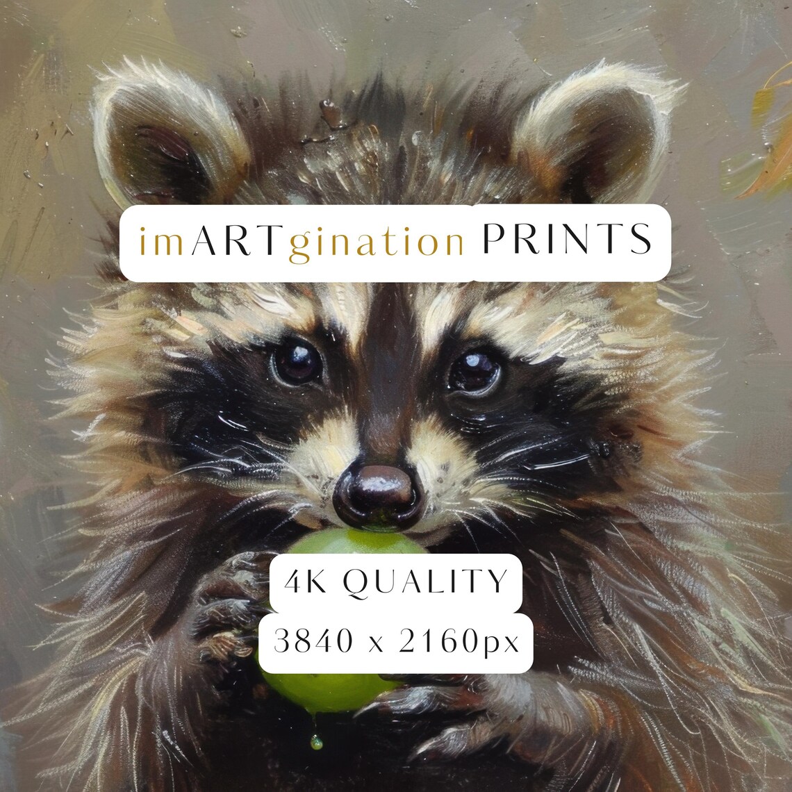 Baby Raccoon Holding Green Grape Cute Vintage Wildlife Animal Oil Painting Poster - Image 3
