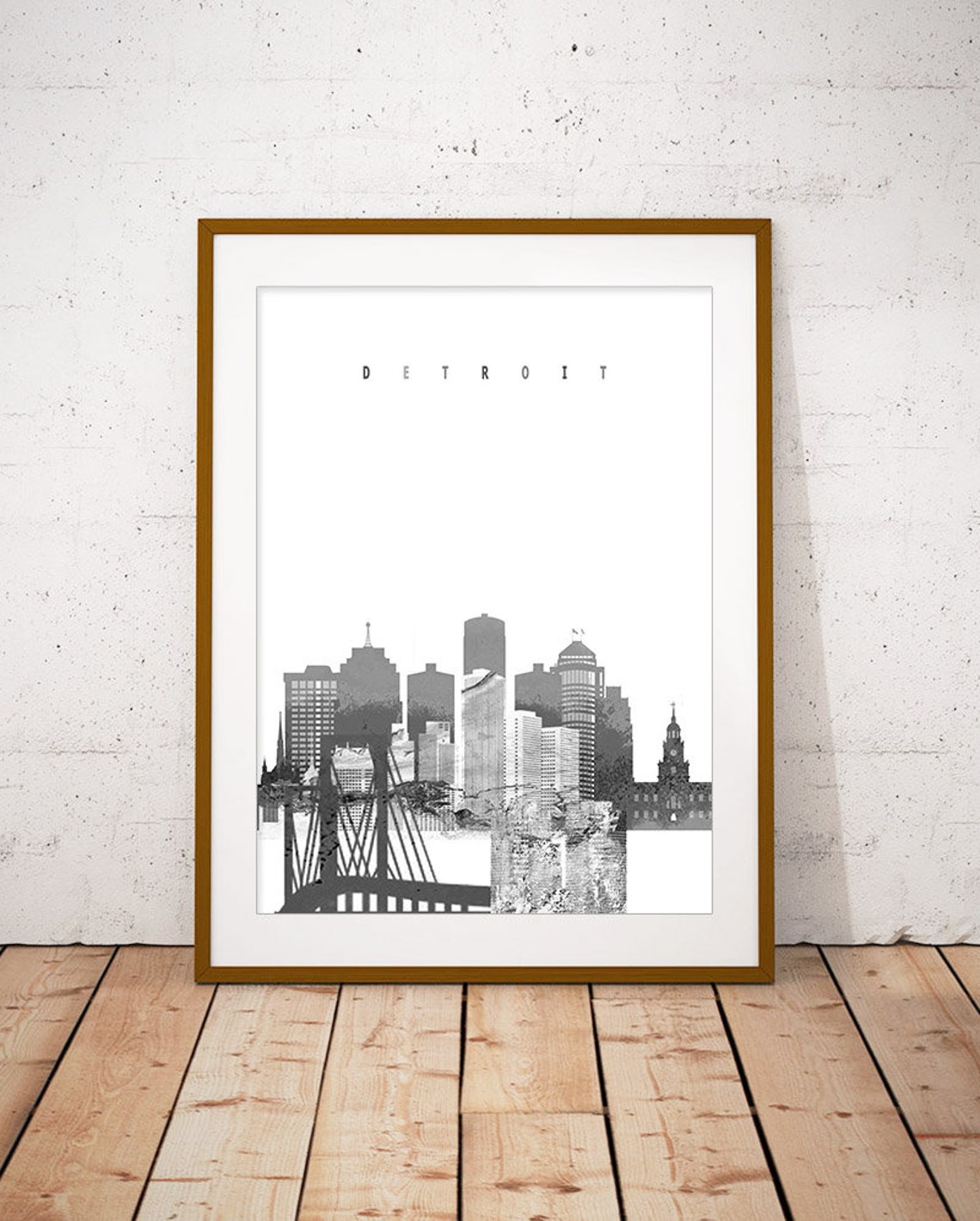 Detroit Black and White Skyline Bridge Minimalist Decor Poster
