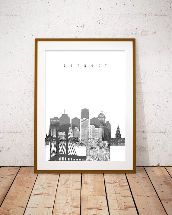 Detroit Black and White Skyline Bridge Minimalist Decor Poster
