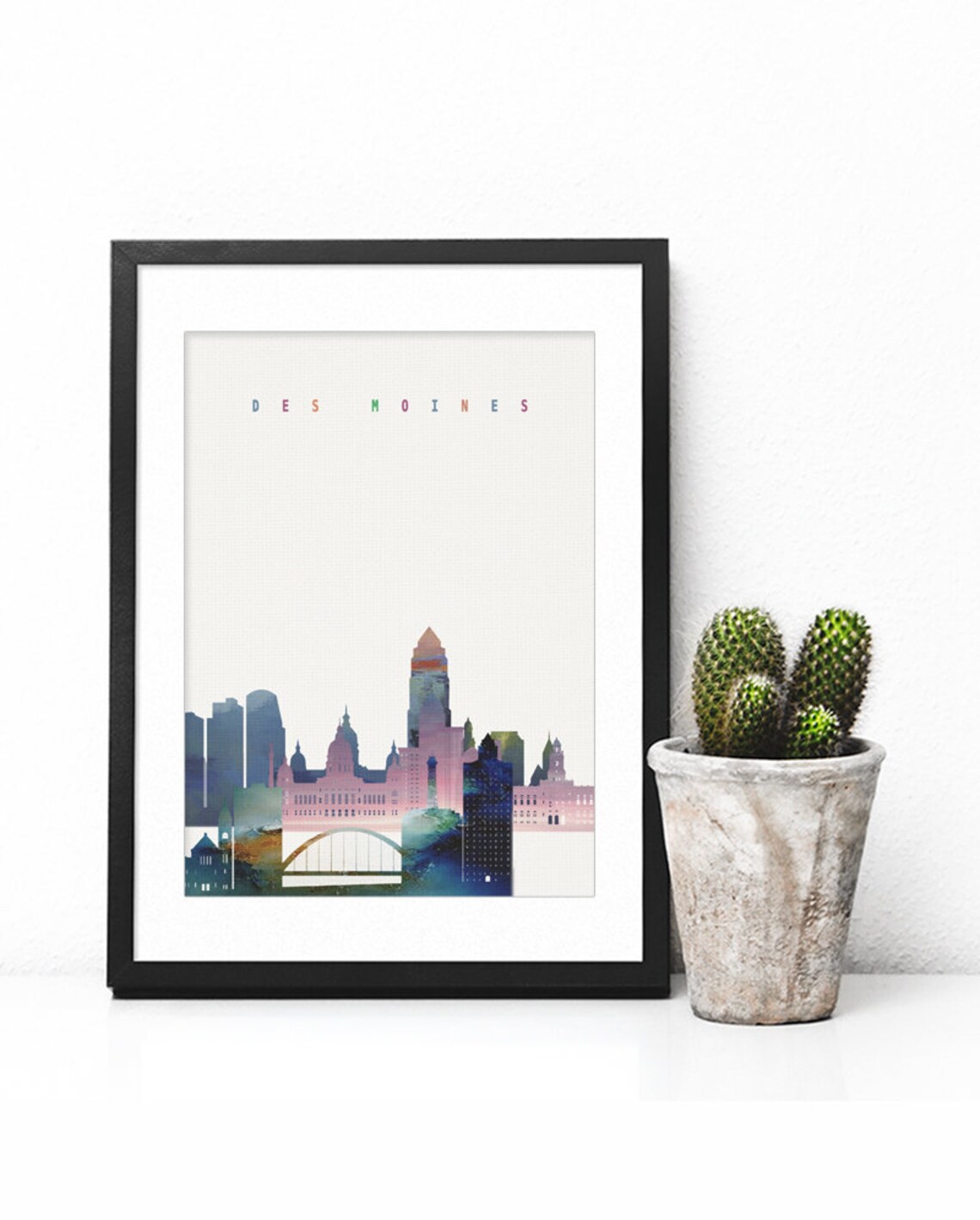Des Moines Iowa Pastel Watercolor City Skyline Art Modern Home Decor Poster - Image 2