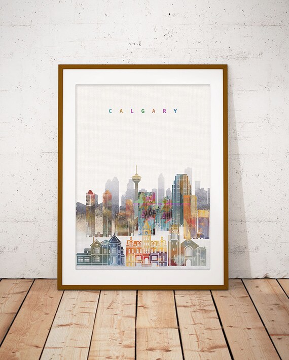 Calgary Canada Colorful Watercolor City Tower Skyline Art Poster