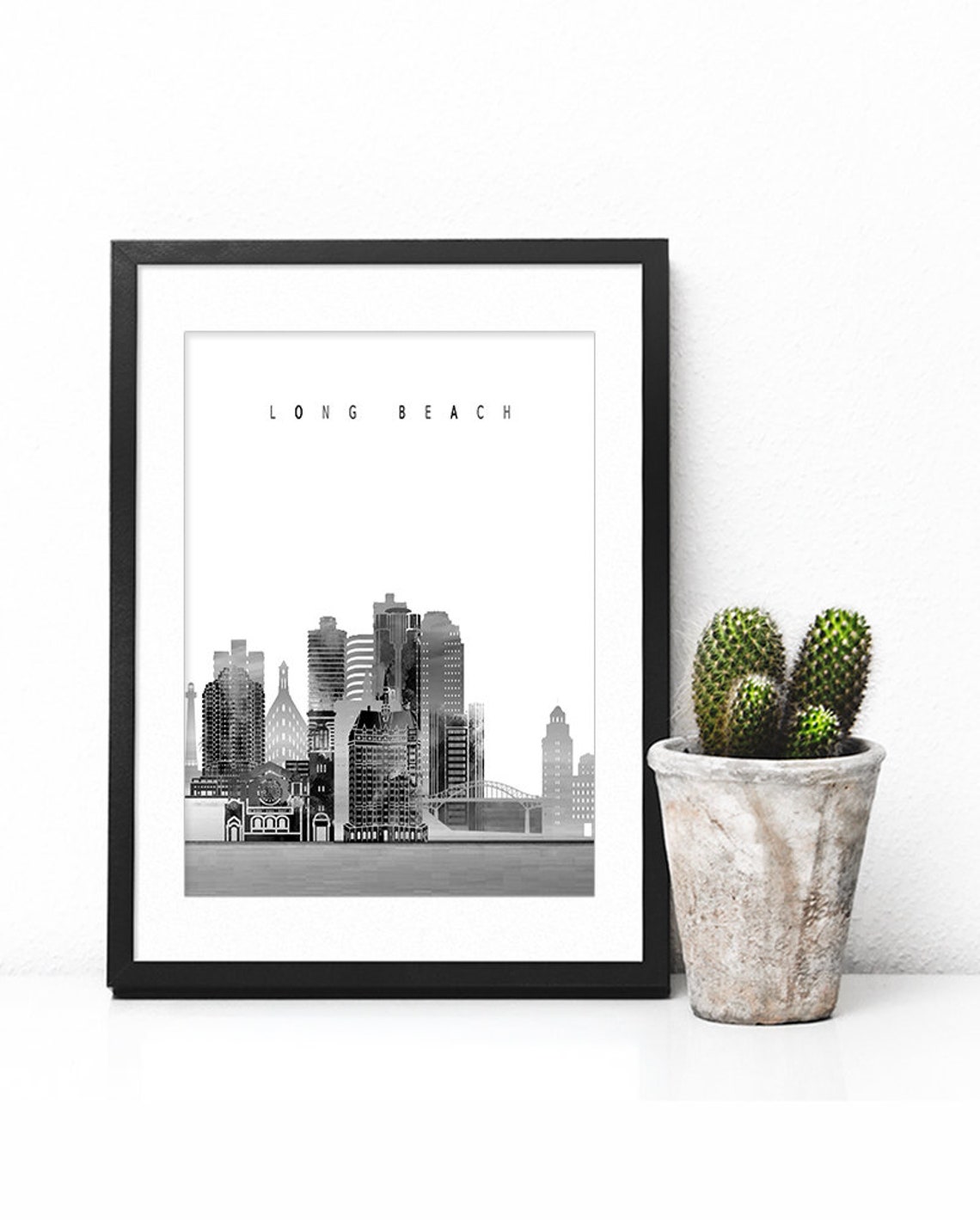 Long Beach Black and White Skyline Minimalist Home Decor Poster - Image 2