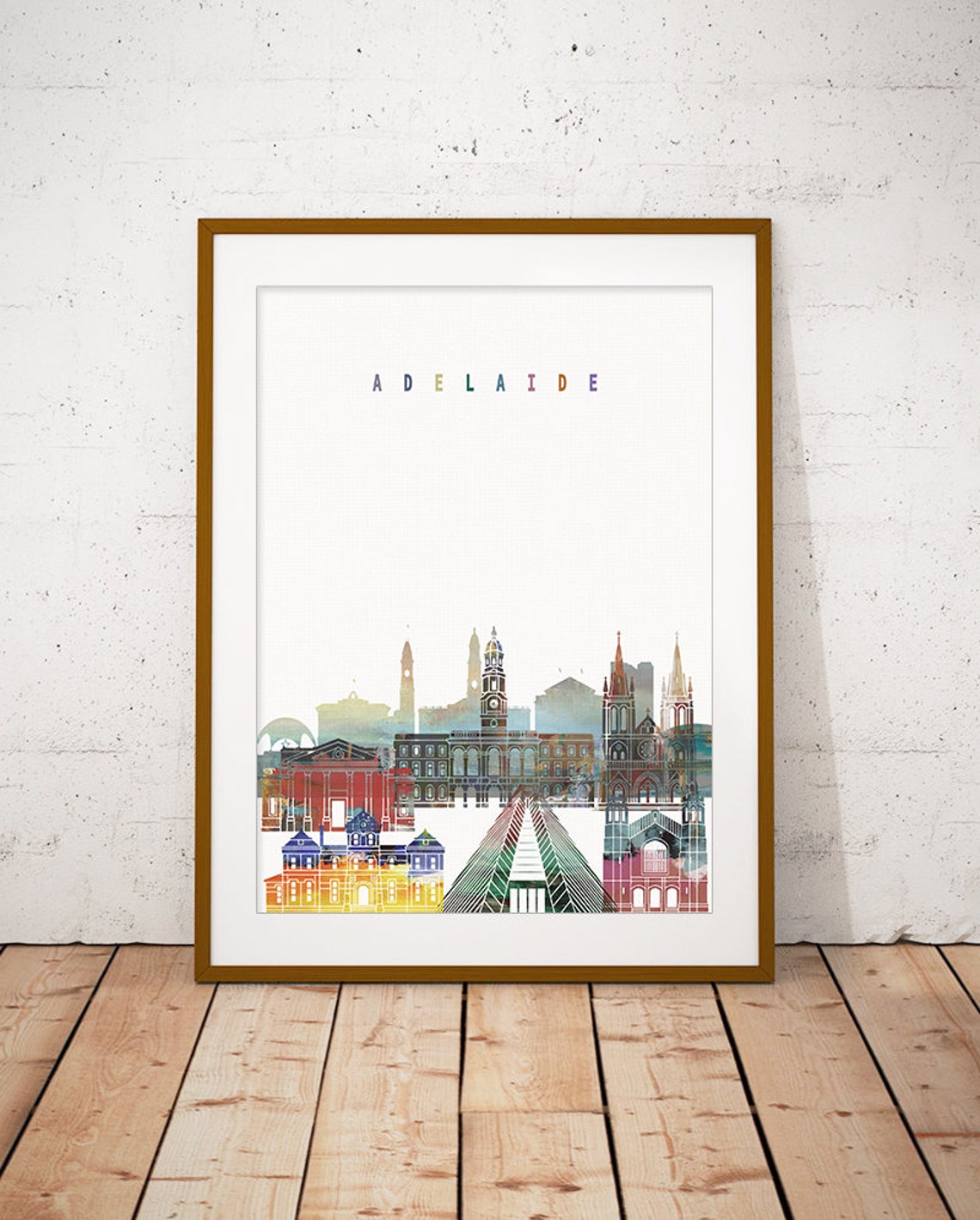 Adelaide Watercolor Skyline Churches Modern Home Decor Poster