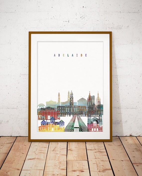Adelaide Watercolor Skyline Churches Modern Home Decor Poster