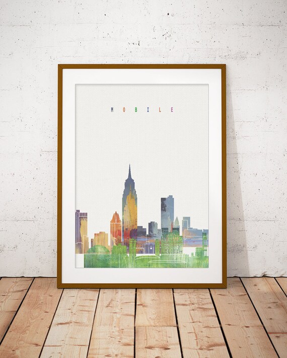 Mobile Alabama Historic Downtown Watercolor Skyline Poster Art