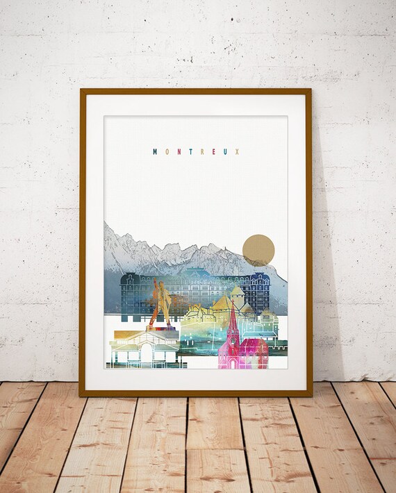 Montreux Watercolor Skyline Lake Geneva Mountains Print Home Gift