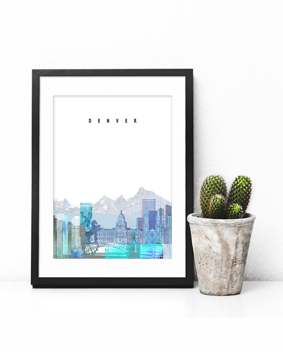 Denver Colorado Watercolor Skyline Rocky Mountains Blue Art Poster - Image 2
